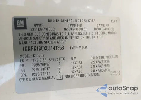 2008 Chevrolet Tahoe Lt z USA, uszkodzony, nr VIN 1GNFK130X8J141368